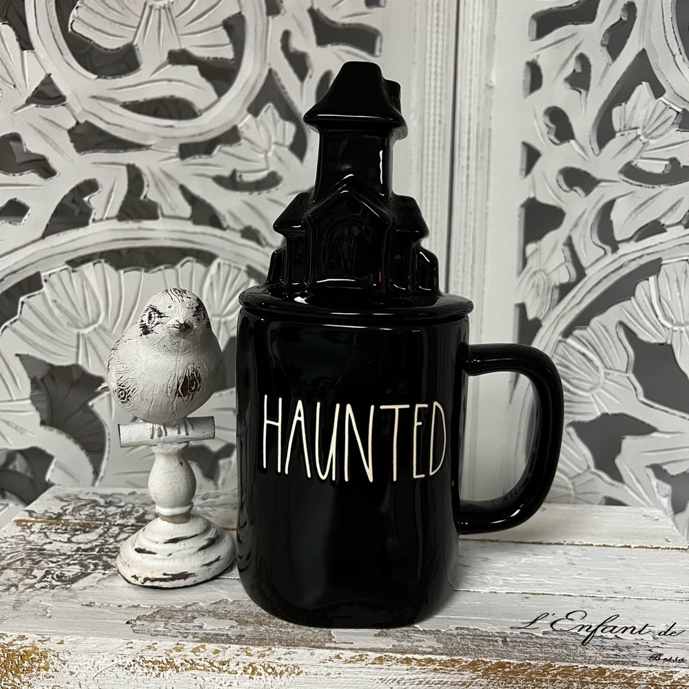 Rae Dunn Halloween Lidded Coffee Mug with Haunted House Topper “Haunted”, Black